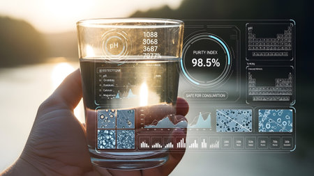 Digital showing hand holding glass of water with detailed digital purity analysis and...の写真素材