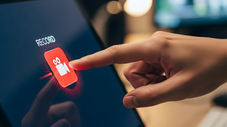 A finger touches a red record button with a white camera on a dark tablet screen with a glowing...の写真素材