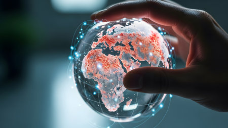 Fingers gently touch a luminous digital Earth, adorned with a network of blue lights, against a...の写真素材