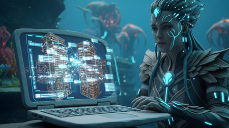 Data showing futuristic woman in advanced armor interacts with holographic city data on a laptop...の写真素材