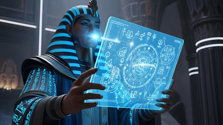 A figure in pharaonic headdress holds a glowing blue holographic display showing ancient...の写真素材