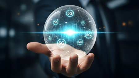 A hand holds a transparent sphere showing a 5G network with a bright blue light beam....の写真素材
