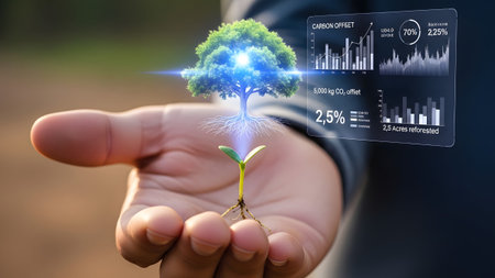 Small showing hand holding a young tree with digital environmental data showing carbon offset...の写真素材