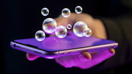 Smartphone showing hand holding a purple smartphone with iridescent bubbles floating above the...の写真素材