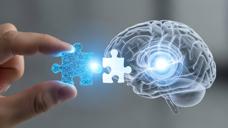 Transparent showing hand connecting a glowing blue puzzle piece to a transparent brain with...の写真素材