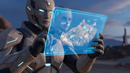 Rocky showing futuristic soldier and woman observe holographic map of rocky terrain on...の写真素材