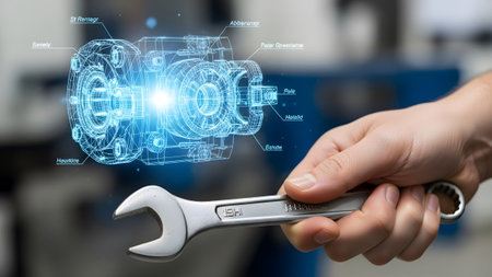 A hand holds a metal wrench near a bright blue holographic wireframe of a mechanical part.の写真素材