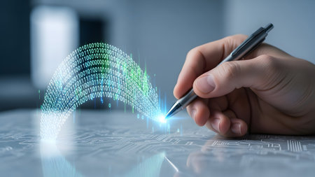 A hand with a silver pen writes a glowing binary code stream in green and blue over a detailed...の写真素材