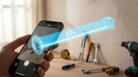 A hand holds a smartphone displaying an augmented reality measuring tool projecting a line and...の写真素材