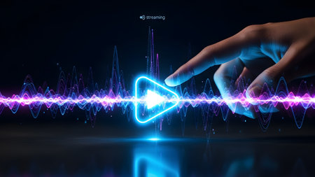A hand activates a glowing play button on a digital interface with vibrant purple and blue sound...の写真素材