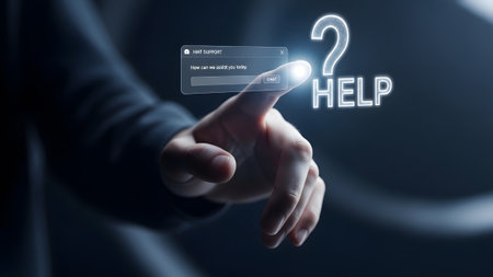Digital showing hand interacting with digital help chatbot and question mark. resolution...の写真素材