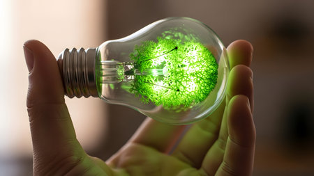showing hand holding clear glass light bulb with green tree inside. resolutionの写真素材