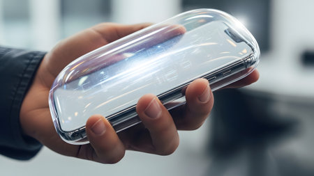 Smartphone showing hand holding a smartphone encased in a transparent protective futuristic...の写真素材