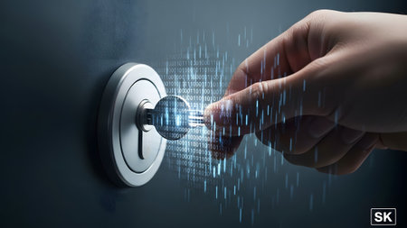 Digital showing hand inserting key into lock with digital binary code effect and light streaks....の写真素材