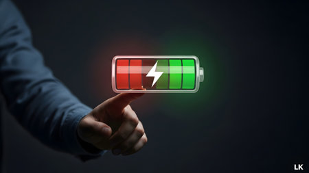 Symbol showing hand holding a battery symbol with red and green sections indicating charge...の写真素材