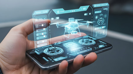 A hand holds a smartphone displaying a glowing blue holographic interface with a drone and...の写真素材
