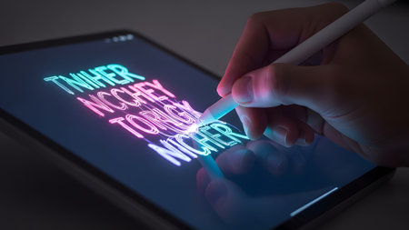 Holding showing hand holding stylus writing neon words on tablet screen with glowing effect....の写真素材