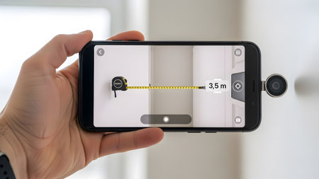 A hand holds a smartphone horizontally with an external lens, showing an AR measuring app with a...の写真素材