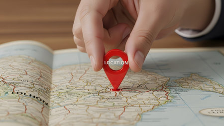 A hand holds a red location pin with the word LOCATION displayed, positioned over a map.の写真素材