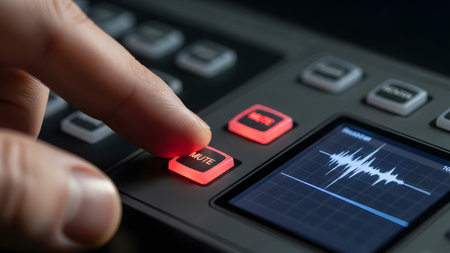 Waveform showing hand pressing illuminated red mute button on audio mixing console with waveform...の写真素材