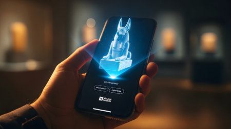 A hand holds a smartphone projecting a glowing blue holographic statue of the ancient Egyptian...の写真素材