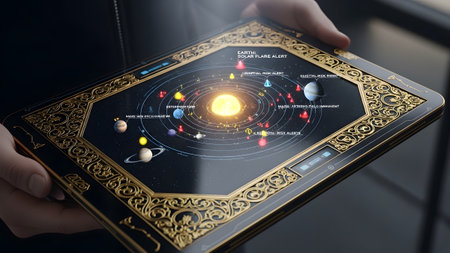 Hands hold a tablet showing a detailed solar system model with various celestial bodies and risk...の写真素材