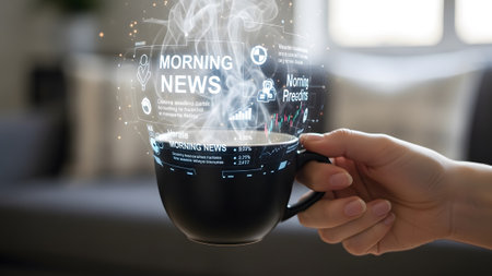 Futuristic showing hand holding black coffee cup with holographic morning news and financial...の写真素材