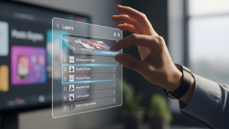 Digital showing hand interacting with transparent digital interface showing layers with product...の写真素材