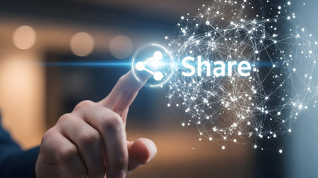 A hand touches a glowing share with the word Share and an abstract network.... hand,...の写真素材