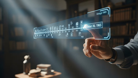 A hand interacts with a glowing blue holographic timeline showing historical and the date...の写真素材