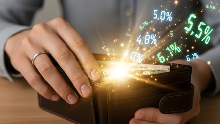 Hands showing hands holding open brown leather wallet with glowing percentages and light bursts....の写真素材