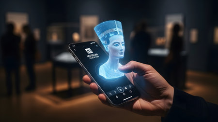 A hand holds a smartphone displaying a bright blue holographic bust of the Egyptian queen Nefertiti.の写真素材