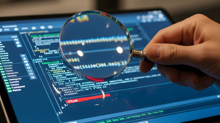 A hand holds a magnifying glass over a tablet screen displaying programming code with the word...の写真素材