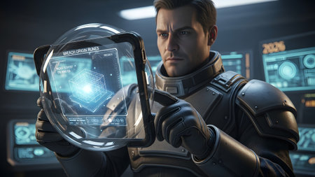 Data showing man in futuristic armor examining holographic display with glowing cube and data...の写真素材