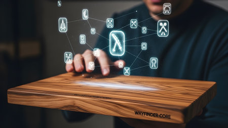 Cutting showing man interacting with floating digital symbols above a wooden cutting board.の写真素材