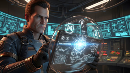 Showing man in futuristic suit interacting with a transparent holographic screen showing...の写真素材