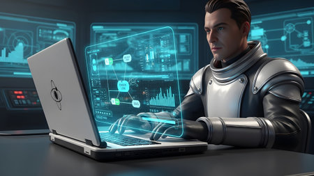 A man in a silver and black futuristic suit uses a laptop displaying a glowing blue digital...の写真素材