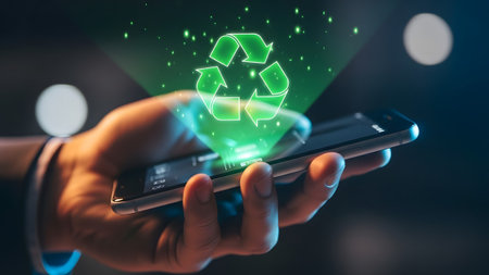 A hand holds a smartphone projecting a bright green recycling symbol hologram with glowing...の写真素材