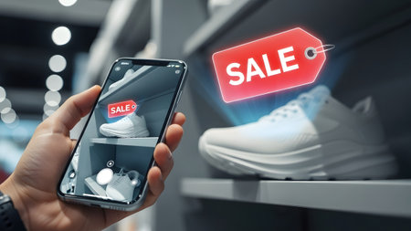 A hand holds a smartphone showing a sale tag on white sneakers in a modern shoe store....の写真素材