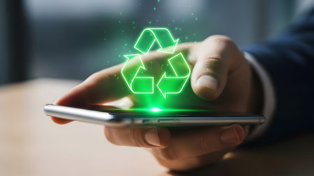 A hand cradles a smartphone displaying a bright green recycling symbol hologram with sparkling...の写真素材
