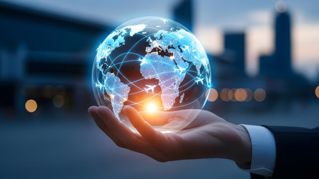 A hand holds a glowing digital globe with illuminated airplane routes connecting cities, set...の写真素材