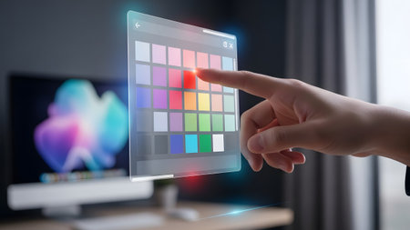 A finger interacts with a holographic color selection interface displayed on a desk.......の写真素材