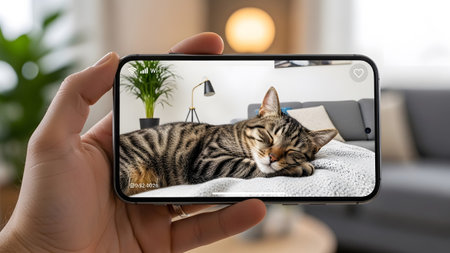 A hand holds a smartphone displaying a sleeping tabby cat on a soft blanket in a warm, indoor...の写真素材