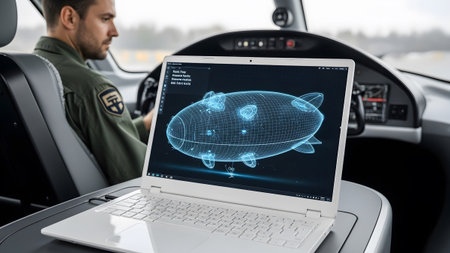 A pilot in an aircraft cockpit uses a laptop displaying a 3D wireframe model of an airship.の写真素材