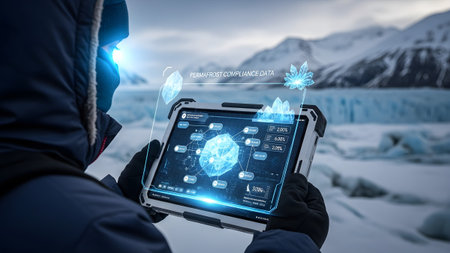 A person in a hooded winter jacket looks at a tablet displaying holographic permafrost...の写真素材