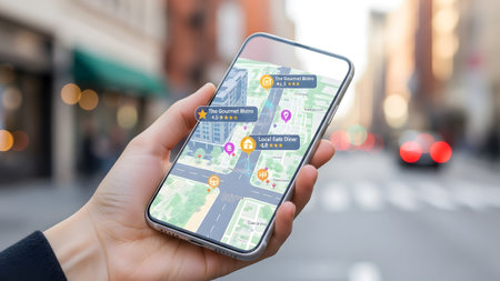 Smartphone showing smartphone displaying a 3d map application with location pins in a city...の写真素材