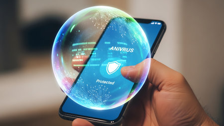 Smartphone showing smartphone displaying a shield and the word protected within a protective...の写真素材