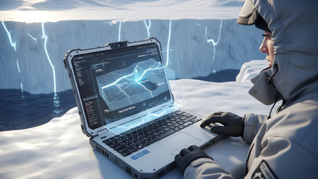 A person wearing a hooded jacket and gloves looks at a rugged laptop with a holographic display...の写真素材