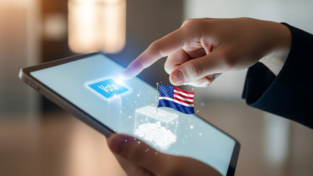 A hand touches a tablet screen showing an online voting interface with a ballot box and flag.の写真素材