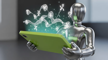 Holding showing shiny metallic robot holding a bright green tablet displaying glowing abstract...の写真素材